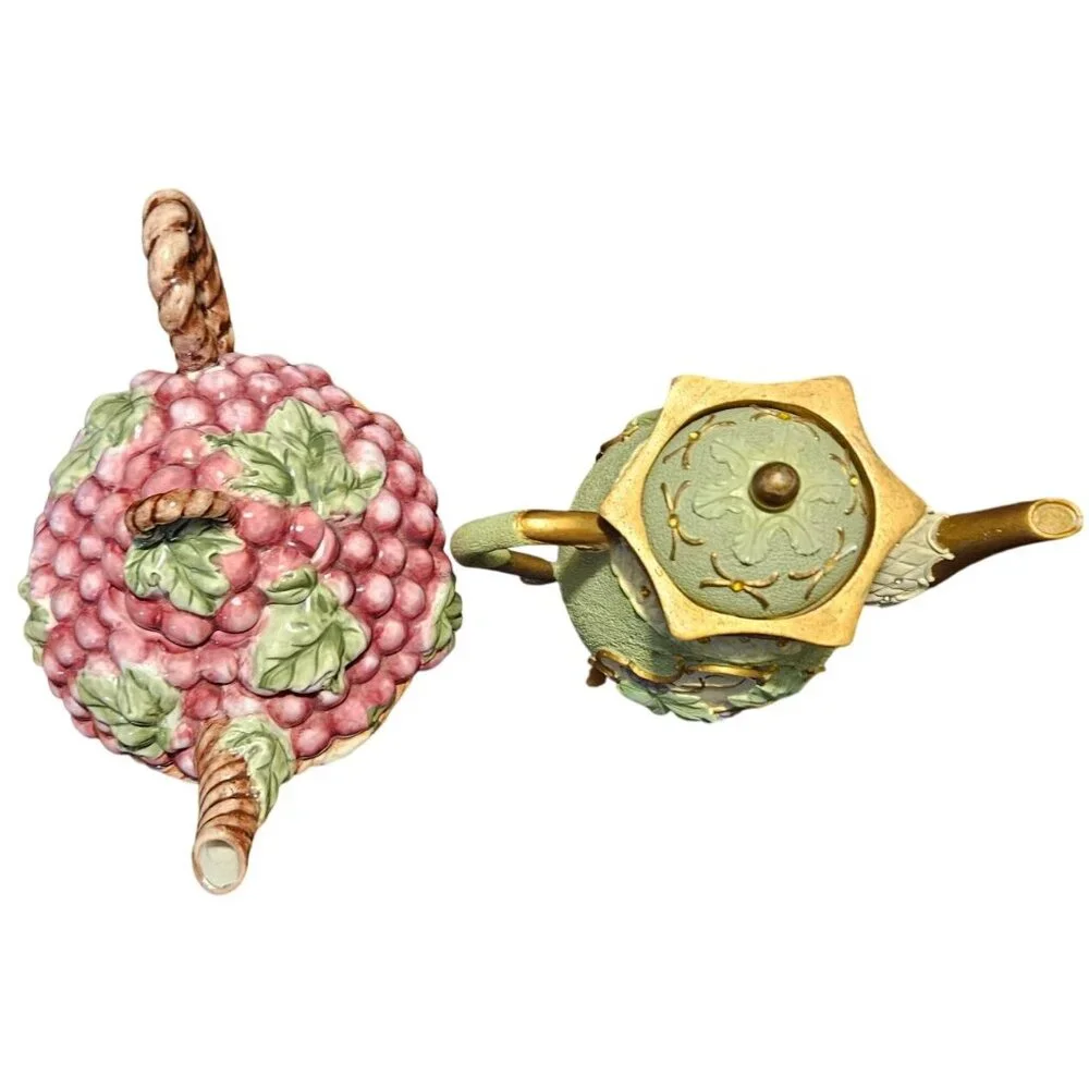 Tea Pot‎ Kitchen Creations Ceramic Grapes Basket & Green Teapot Candle Holder